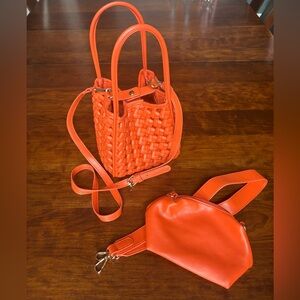 Anthropologie Red- Orange Knotted Faux Leather Mini Tote with Removable Pouch